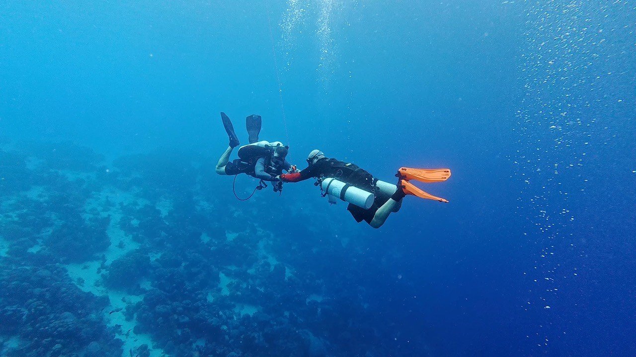 Two scuba divers swimming underwater over a coral reef.