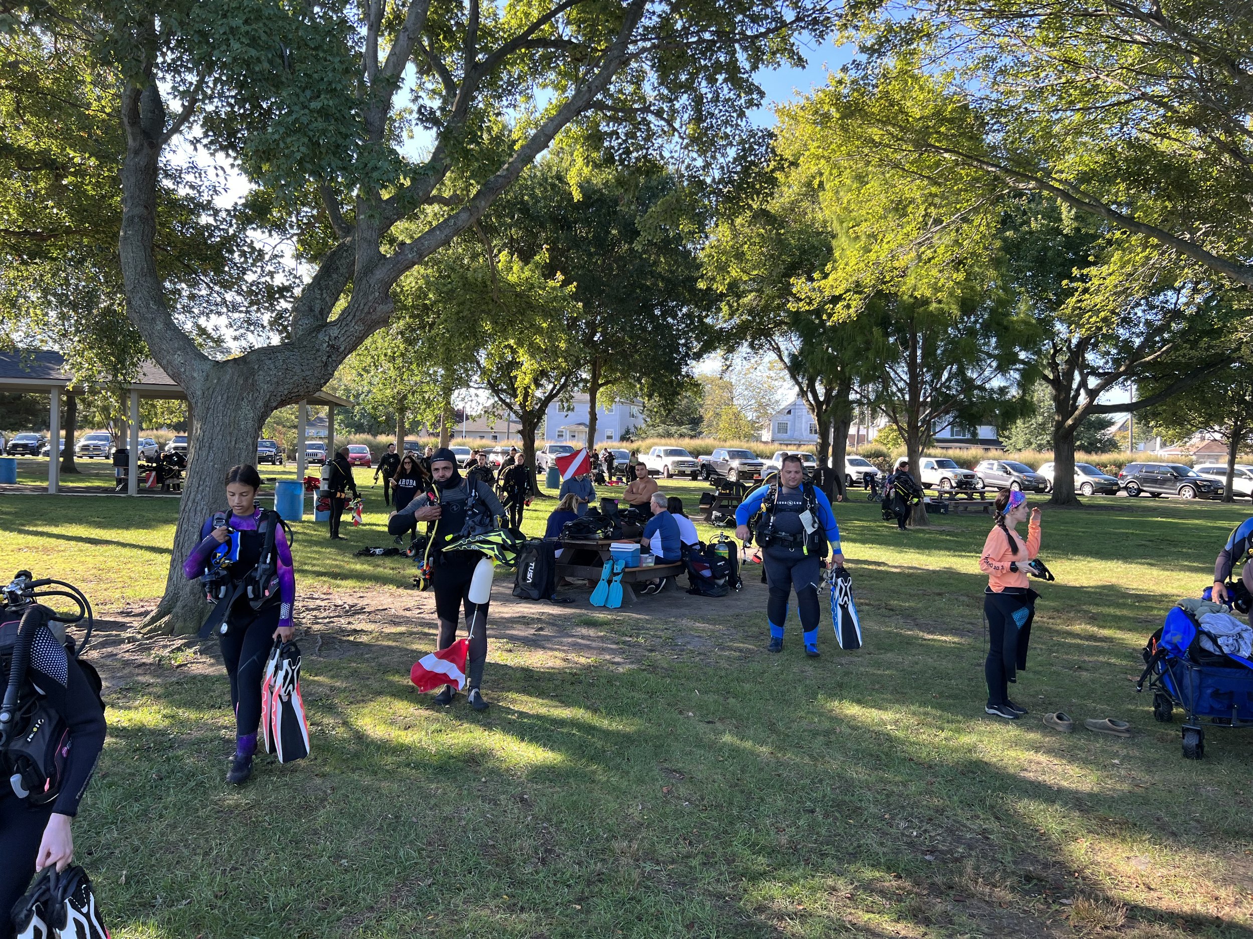 People preparing for skydiving in a park with trees, picnic tables, and a parking lot in the background.