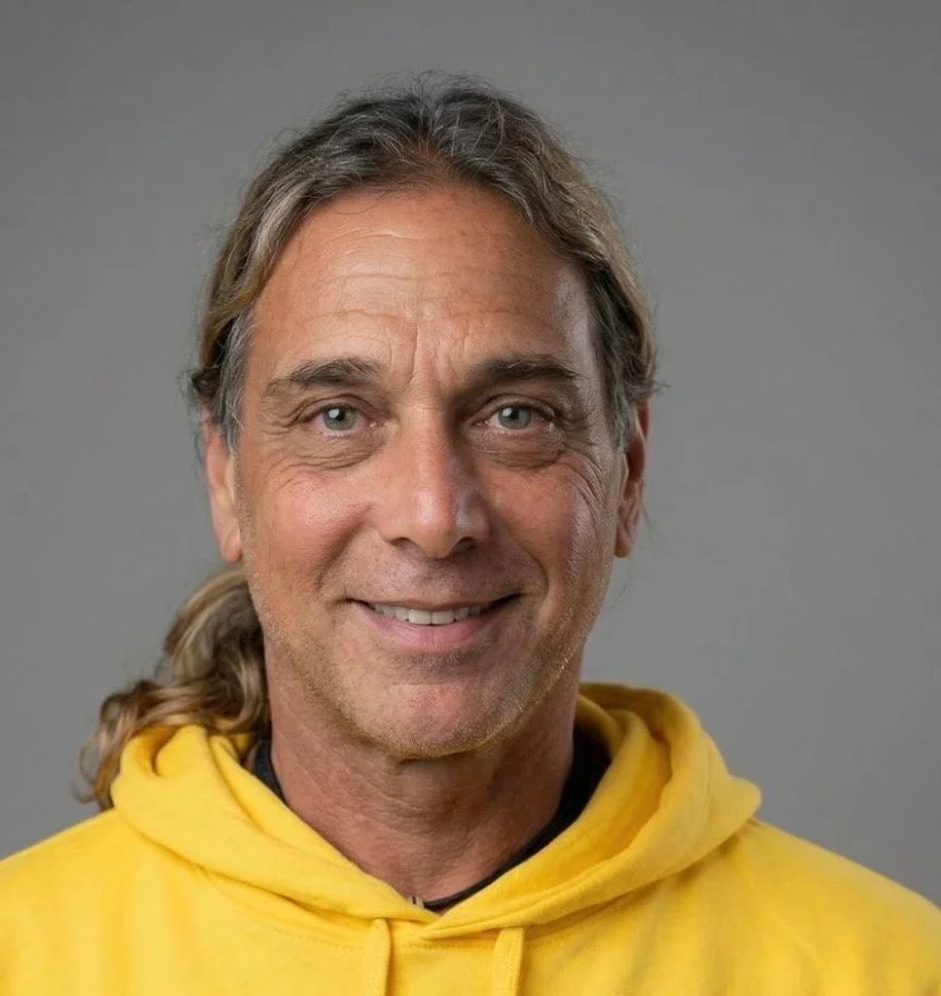 Back view of a person wearing a black jacket with various PADI scuba diving patches, standing near the ocean with cloudy sky.