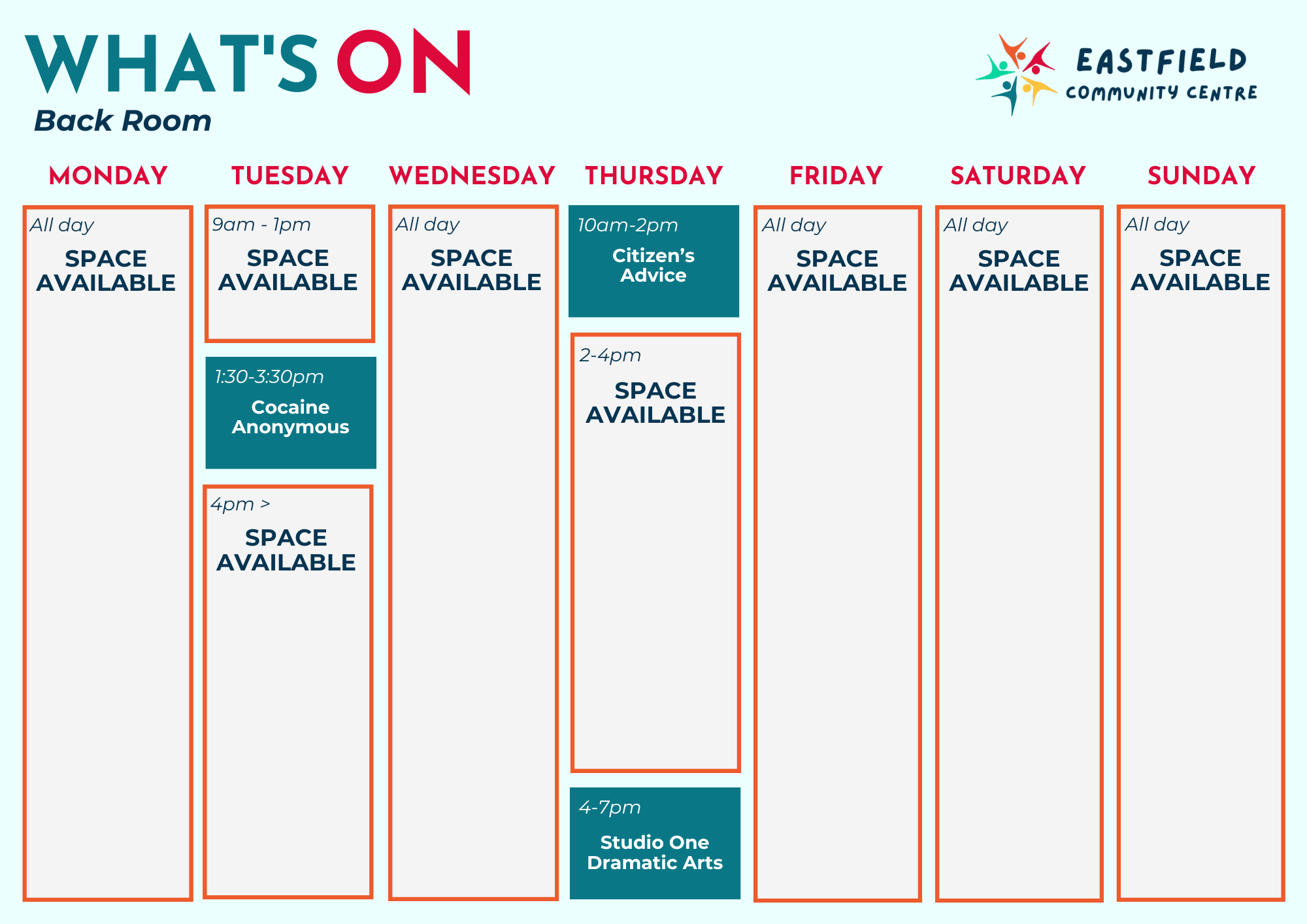 Weekly schedule at Eastfield Community Centre with activities including space availability
