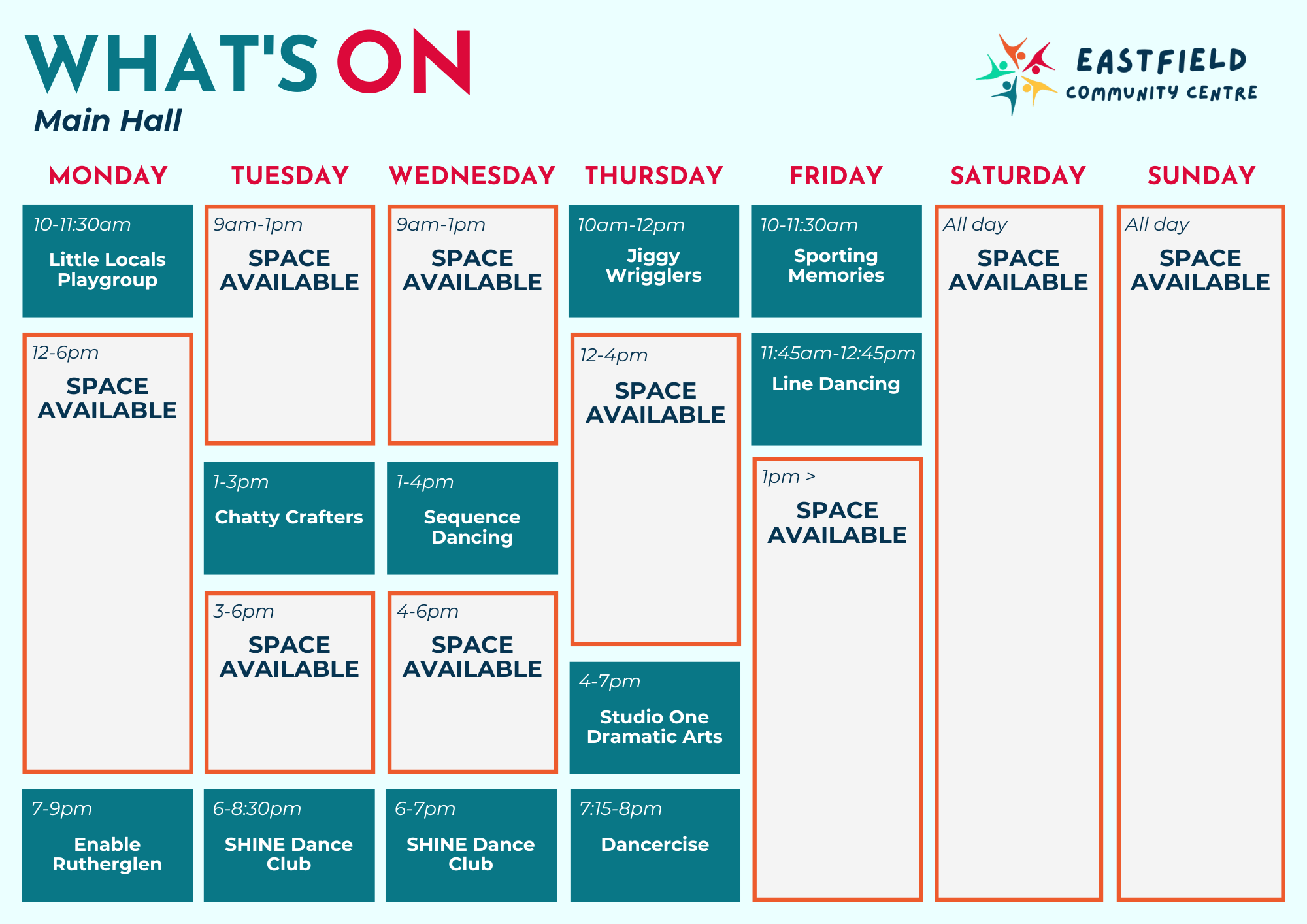 Weekly activity schedule for Eastfield Community Centre's main hall with various dance, arts, and community events from Monday to Sunday.