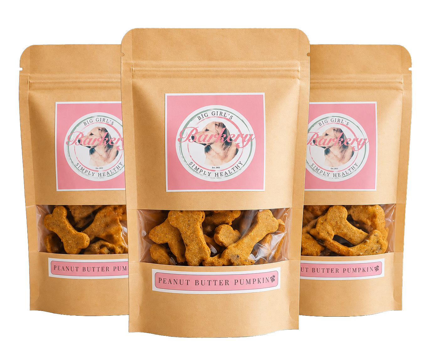 Three 5 oz bags of handmade peanut butter pumpkin dog treats from Big Girl’s Barkery