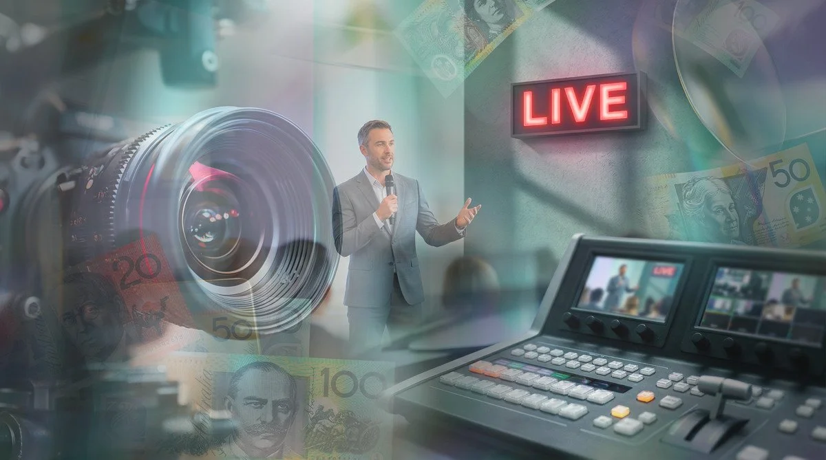 Corporate presenter on stage with broadcast camera lens, ATEM production switcher and Australian currency overlay representing livestream production costs