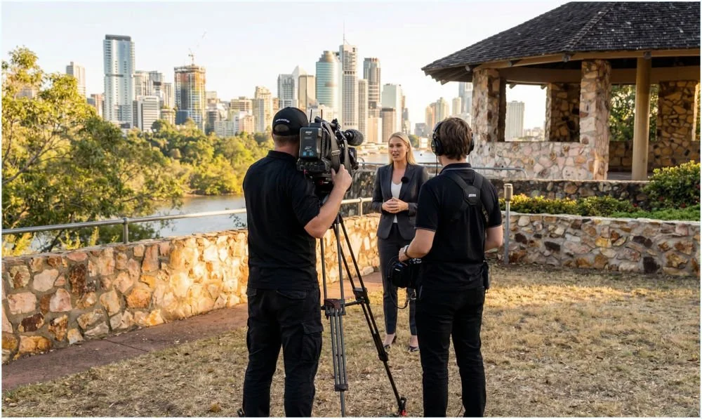 Corporate video production crew filming a presenter at Kangaroo Point with Brisbane CBD skyline in the background