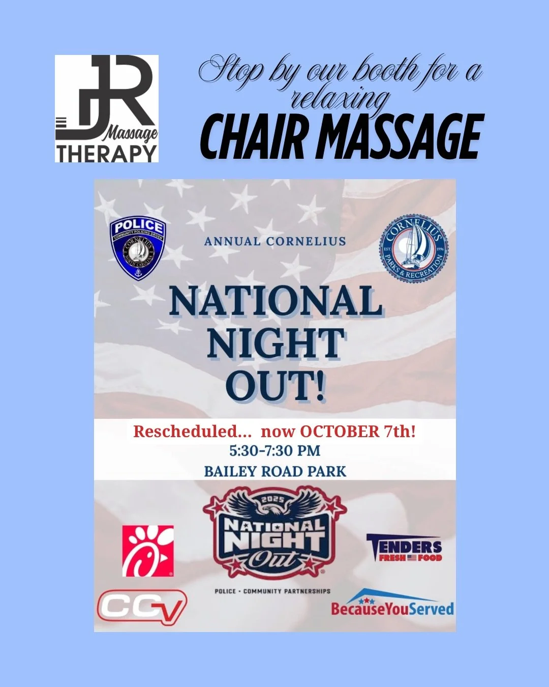 JR Massage Therapy chair massage promotion at the Annual Cornelius National Night Out on October 7, 2025, at Bailey Road Park.