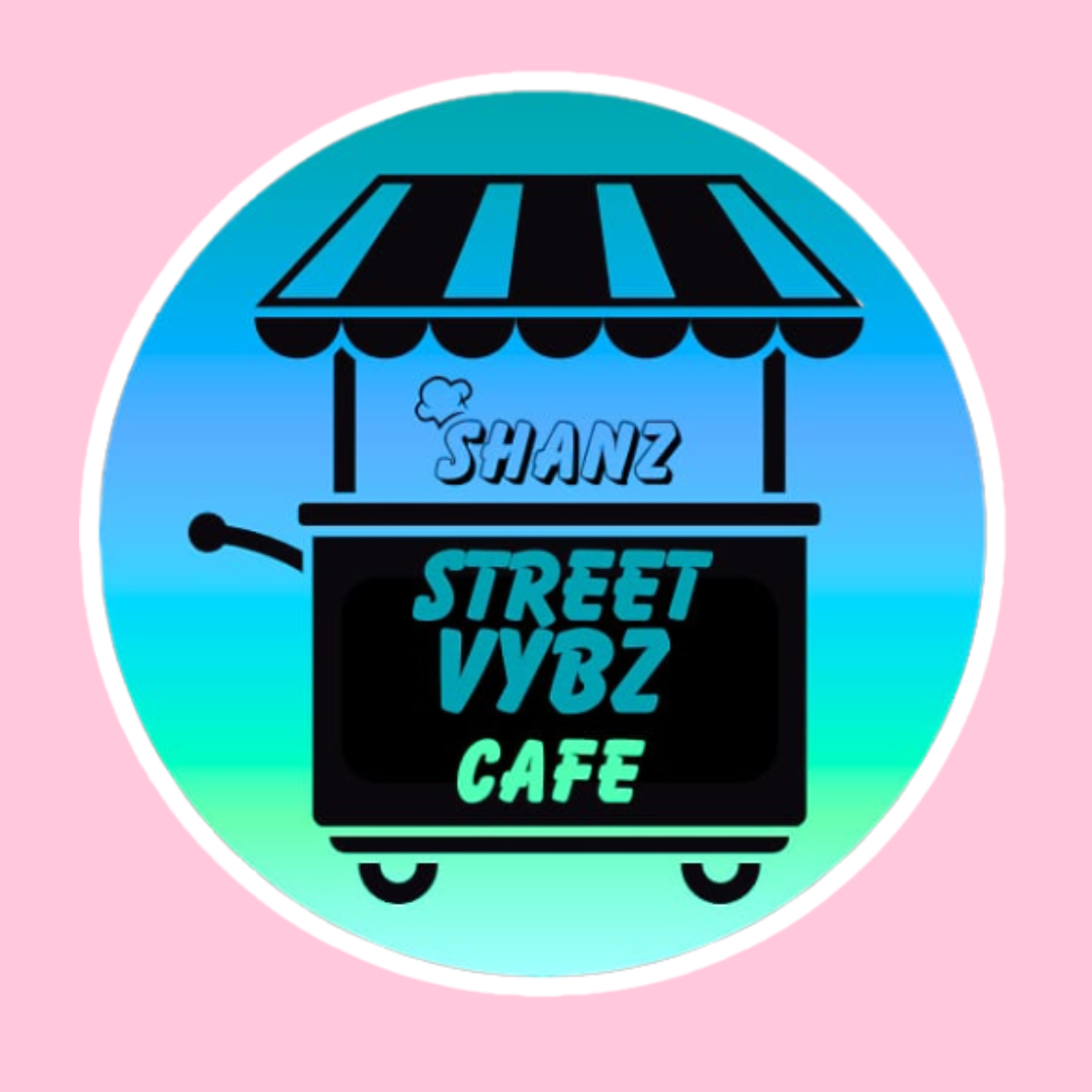 A colorful logo for Shanz Street Vybz Cafe featuring a food cart with a striped awning and a sign displaying the cafe name.
