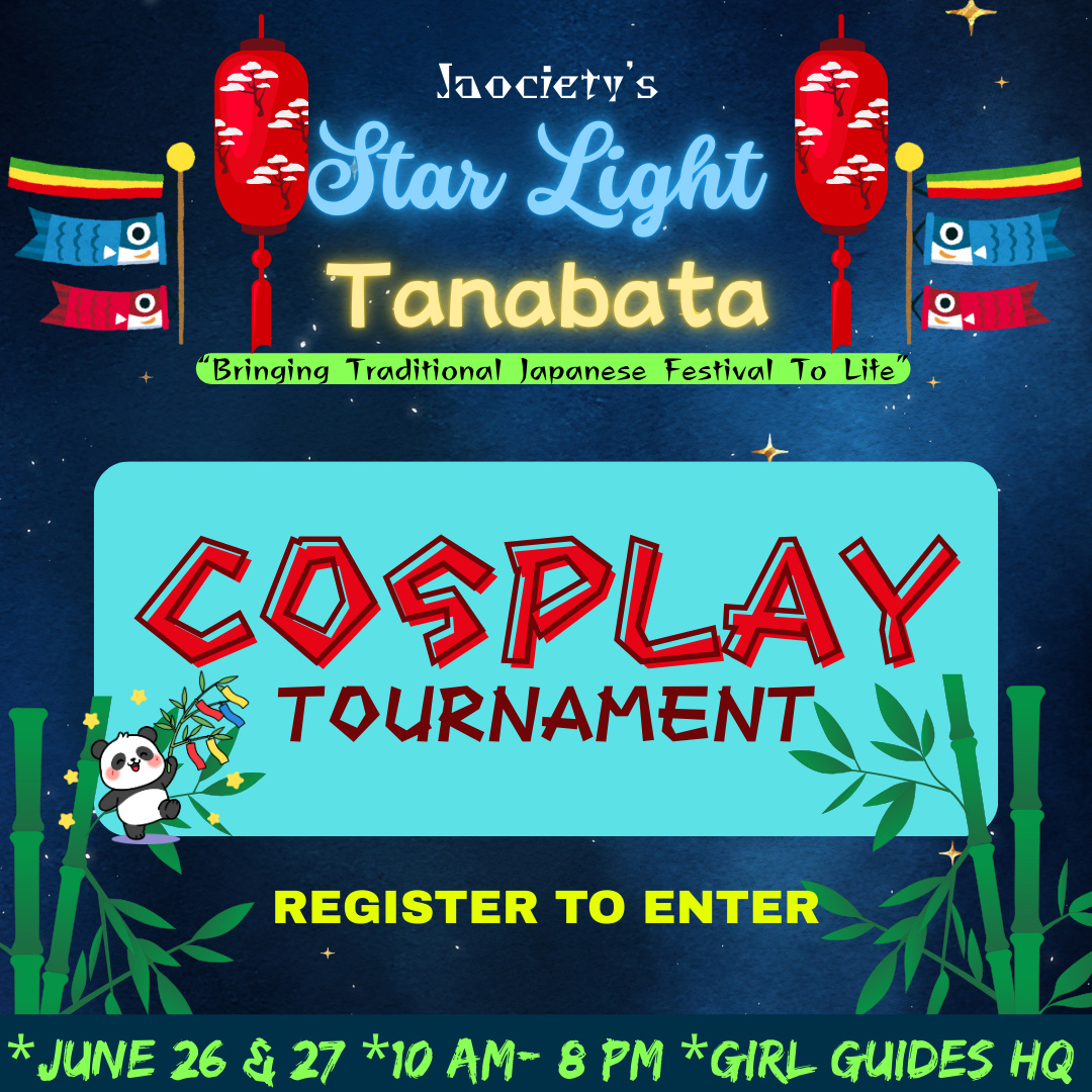 Colorful poster advertising a Society's Star Light Tanabata event, featuring Japanese festival themes with lanterns, koinobori carp streamers, a panda, bamboo, and bold text promoting a cosplay tournament on June 26 and 27 from 10 am to 8 pm.