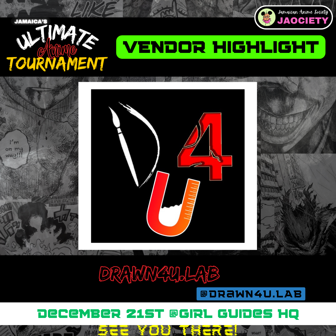 A graphic highlighting vendor award for an anime tournament organized by Drawn4u.Lab. The design includes stylized text, graphic elements like a needle and a tape measure forming the numbers 4 and 1, and details about the event located at Girl Guides