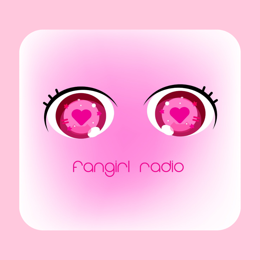 Pink and white app icon with stylized anime-style eyes featuring heart-shaped reflections, and the text 'fangirl radio' underneath.