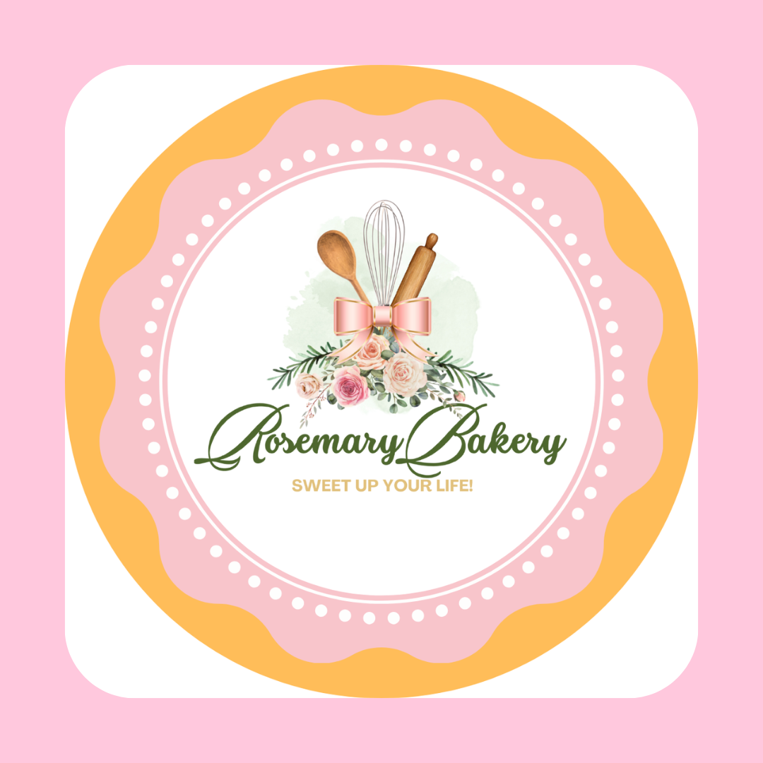 Logo for Rosemary Bakery featuring a floral design, baking utensils, a pink bow, and the slogan "Sweet up your life!" in a pink and yellow decorative frame.