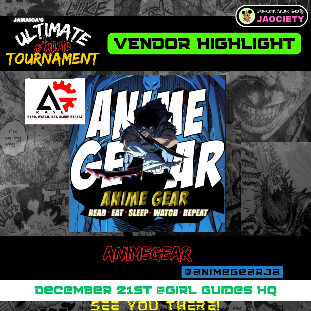 Promotional graphic for the Ultimate Anime Tournament by Anime Gear, featuring Comic creator Justice, with event details including December 21st at Girl Guides HQ and a Vendor Highlight section.
