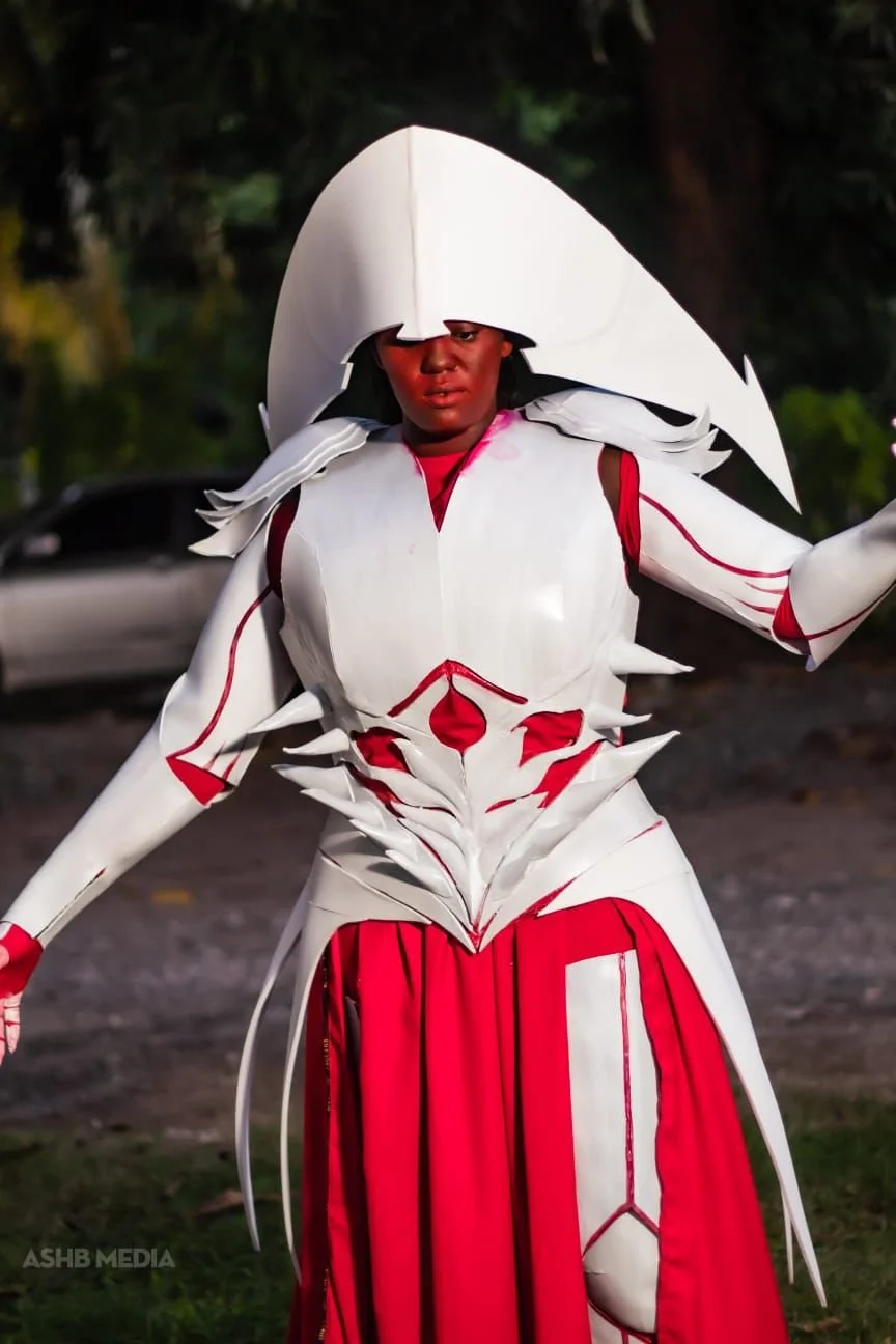 Person dressed in elaborate white and red costume with a large, pointed headpiece, standing outdoors at night.