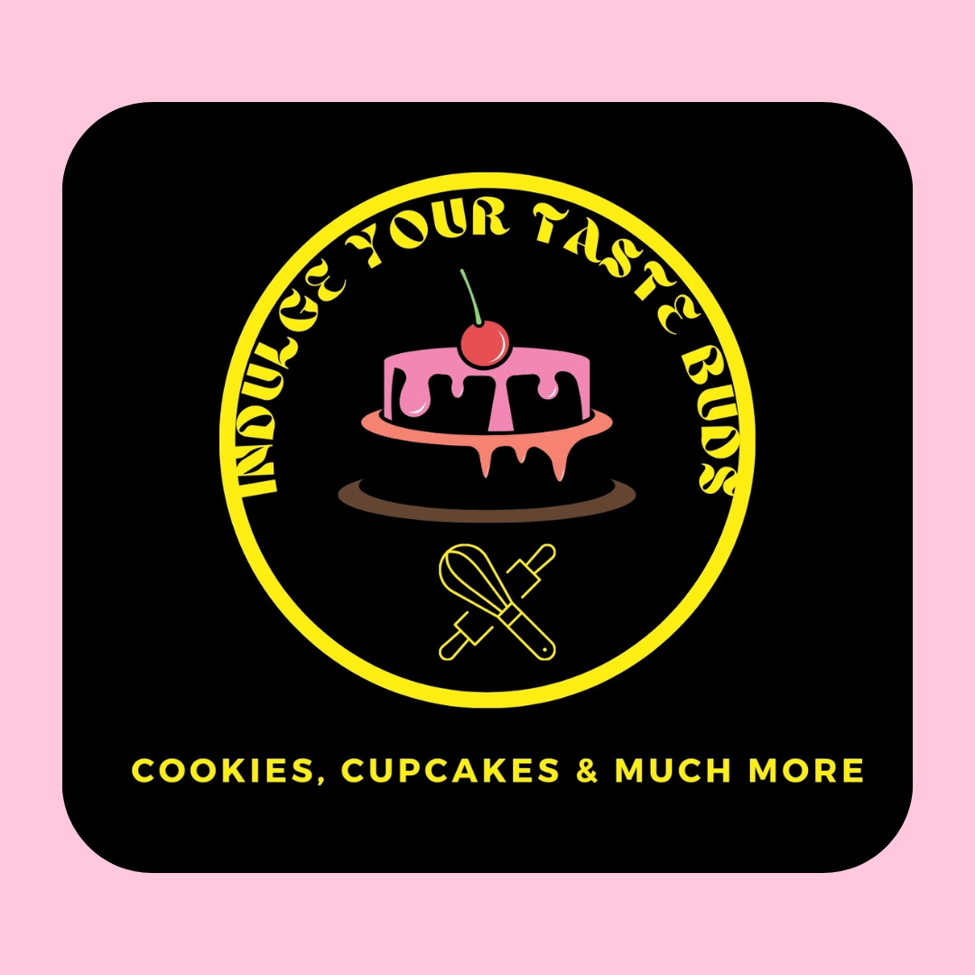 A logo for Indiana Taste Buds featuring a pink cake with a cherry on top and dripping pink icing, encircled by yellow text saying "Indiana Taste Buds". The logo also shows a whisk and rolling pin crossed below the cake, with yellow text below listing "Cookies, Cupcakes & Much More". The background is black with a pink border.