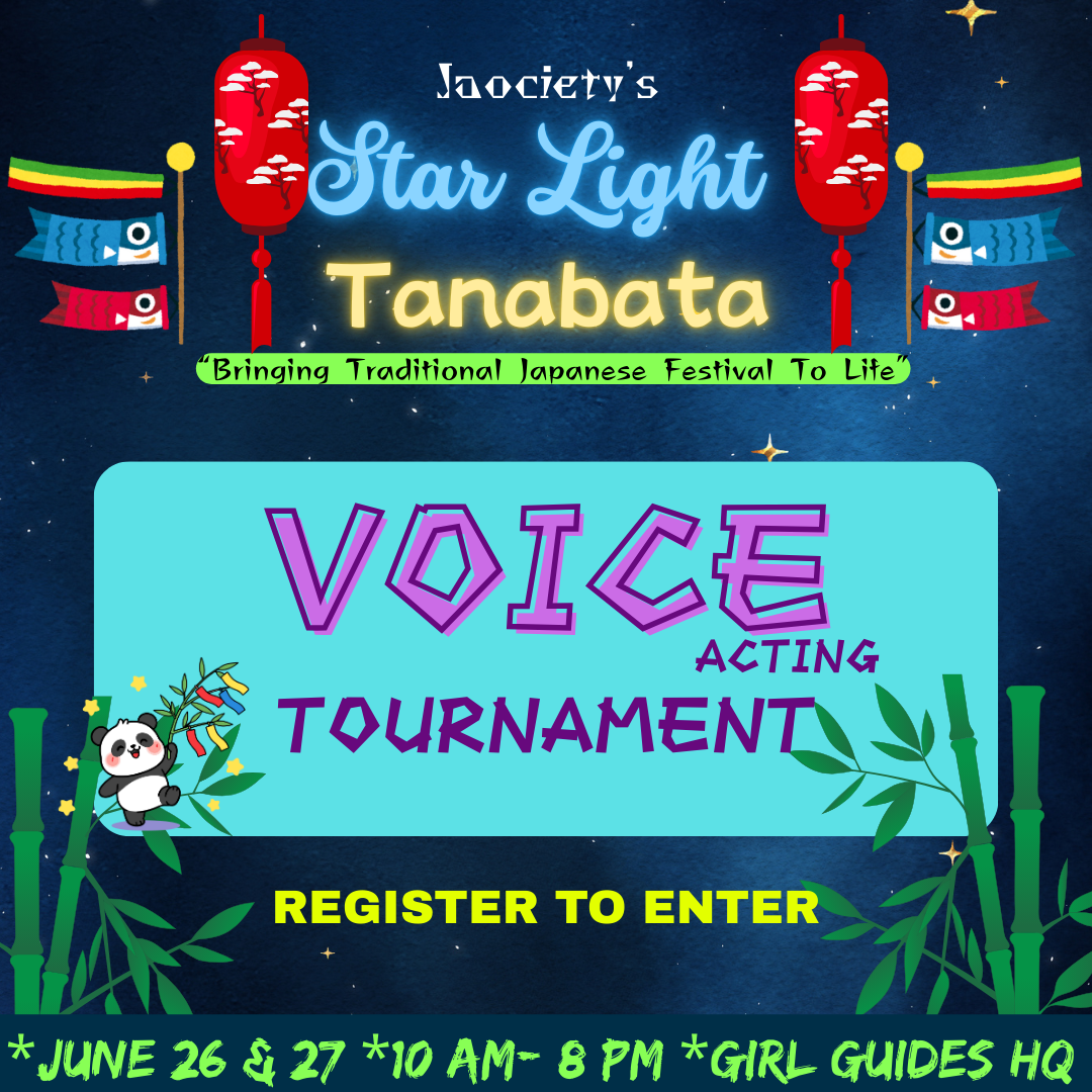 Colorful poster for a society's Star Light Tanabata event featuring Japanese themed lanterns, koinobori carp streamers, bamboo, and a panda with traditional decorations, promoting a voice acting tournament on June 26-27 from 10 AM to 8 PM at Girl Guides HQ.