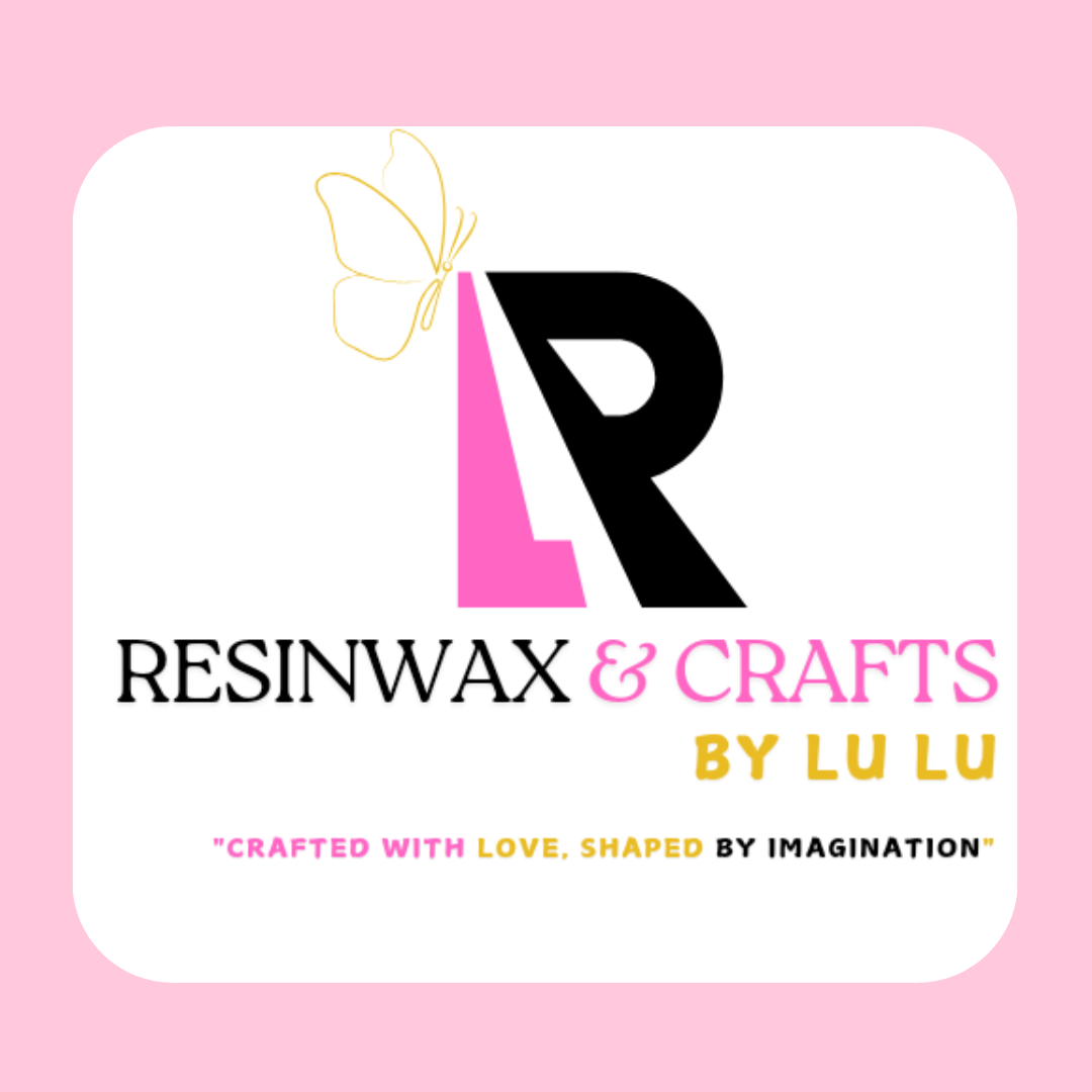 Logo for Resinwax & Crafts by Lu Lu, featuring a large stylized letter R with pink and black accents, a yellow outline butterfly in the top left corner, and text that reads 'Crafted with love, shaped by imagination'.