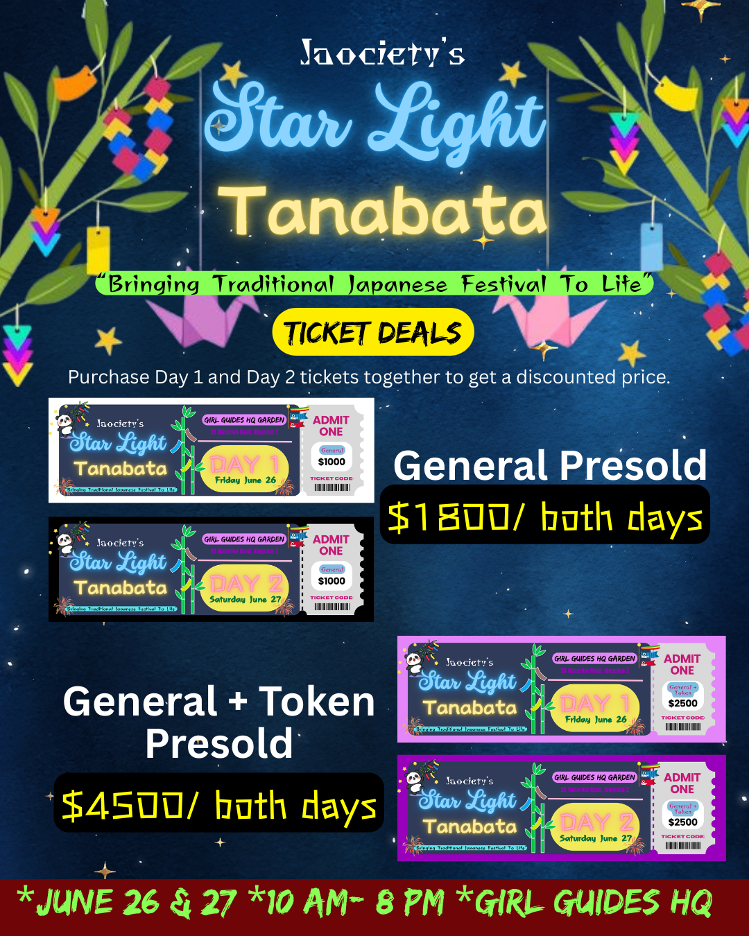 Digital poster advertising Jaoiety's Star Light Tanabata festival, featuring ticket deals for days 1 and 2, with prices for combined and individual days, scheduled for June 26 and 27 from 10 AM to 8 PM at Girl Guides HQ, including colorful decoration