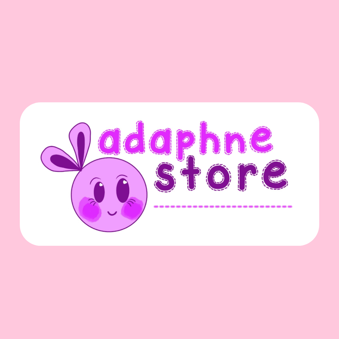 Logo for the 'adaphne store' featuring a cute purple bunny face with big eyes, cheeks, and a leaf on its head, set against a pink background.