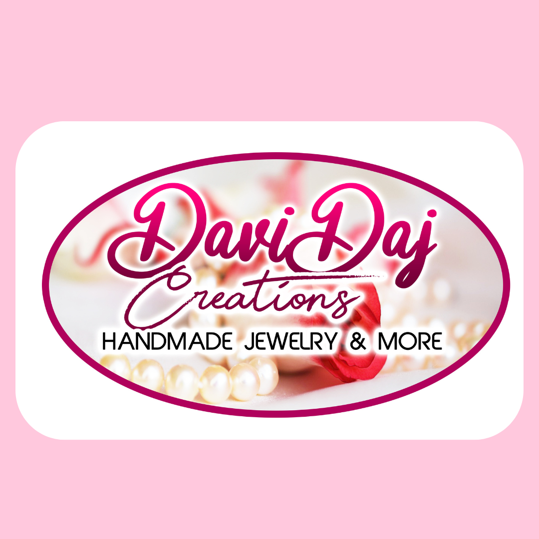 Logo for Davi Day Creations with pink and purple text, featuring pearls and a pink flower in the background, and the words "Handmade Jewelry & More."