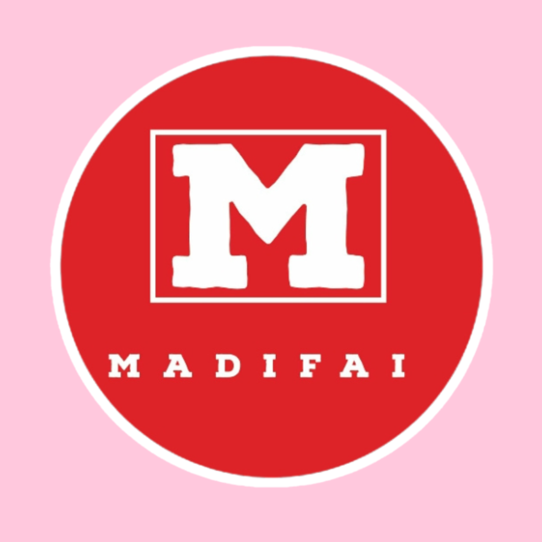 Red circular logo with a large white 'M' inside a rectangle, and the word 'MADIFAI' beneath in white letters, set against a pink background.