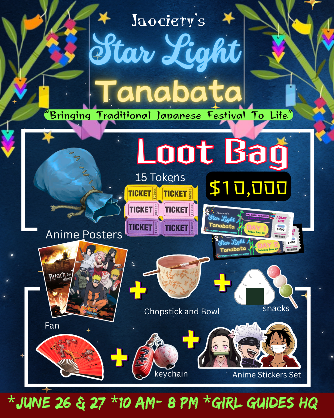 A colorful poster for Jaociety's Star Light Tanabata festival, featuring traditional Japanese decorations, tickets, anime posters, snacks, a chopstick and bowl set, keychain, and anime stickers set, with event dates June 26 and 27 from 10 AM to 8 PM 