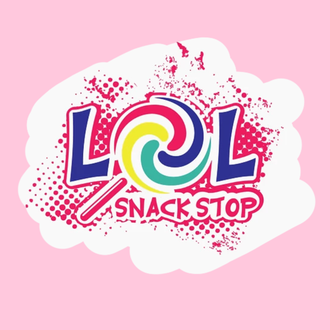 Colorful logo for LOL Snack Stop with pink splashes and a lollipop design.