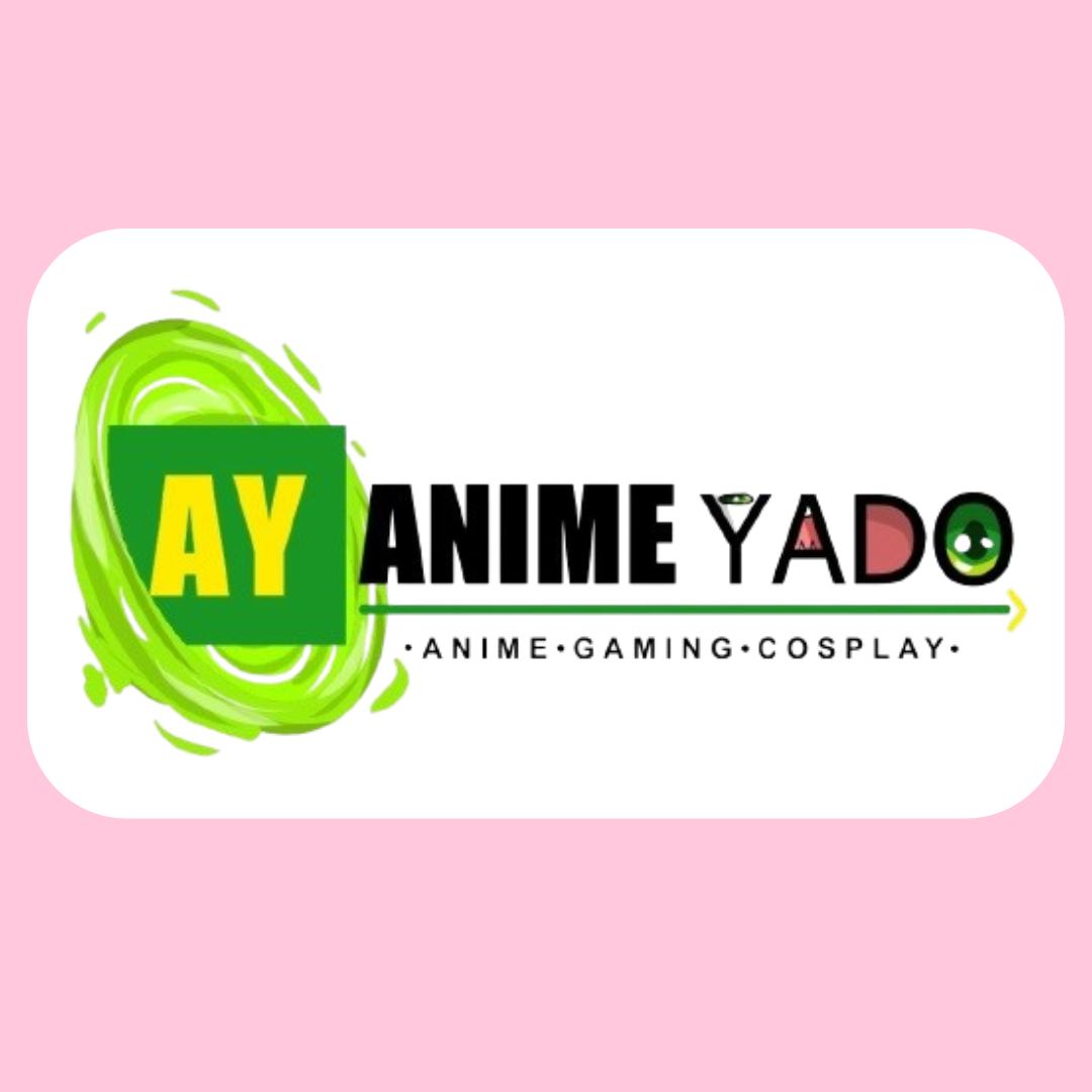 Logo for 'Anime Yado' with green swirl design, featuring the text 'AY ANIME YADO' and the subtitle 'Anime, Gaming, Cosplay' on a white background with pink border.