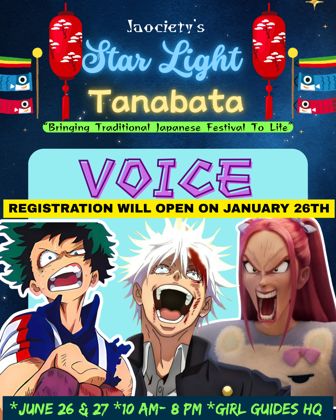 Poster for Society's Star Light Tanabata event with anime characters cheering, red lanterns, Japanese wind socks, and colorful stars in the background. It announces voice event registration opens January 26th, with info about June 26 and 27, 10 AM to 8 PM, Girl Guides HQ.