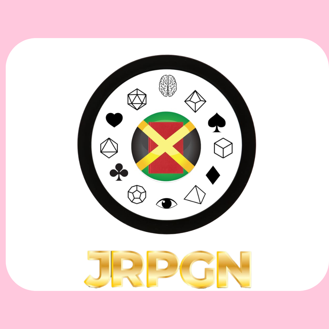 A watch face decorated with symbols including a brain, spade, diamond, heart, club, cube, tetrahedron, icosahedron, dodecahedron, eye, and other geometric shapes, with a Jamaican flag in the center. The background is pink and white, and the text 'JRPQN' is displayed below in gold letters.