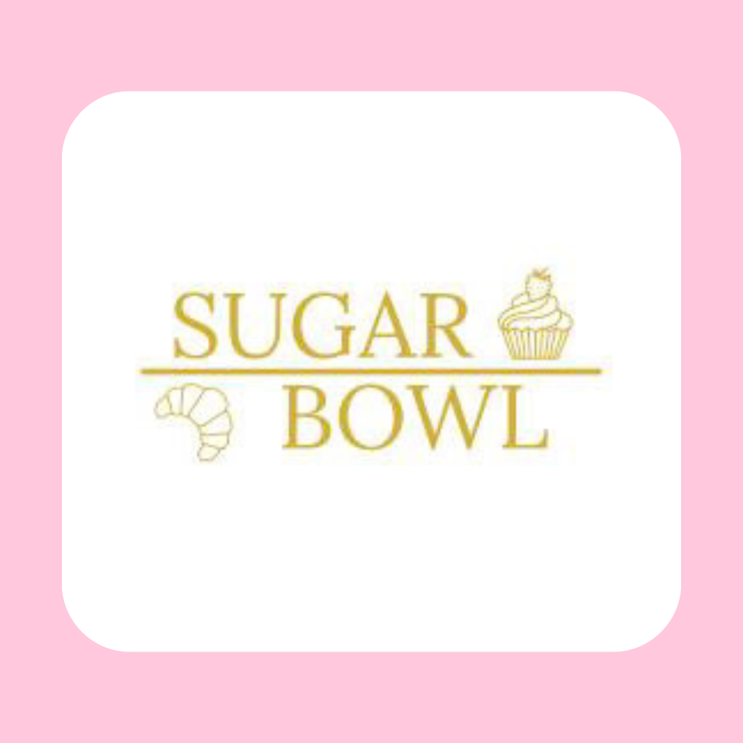 Logo for Sugar Bowl featuring gold text and illustrations of a croissant and cupcake on a pink background.
