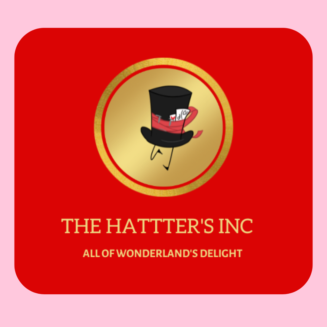 Logo for The Hattter's Inc featuring a cartoon hat with a red ribbon and a sword, with the tagline "All of Wonderland's Delight" on a red background.