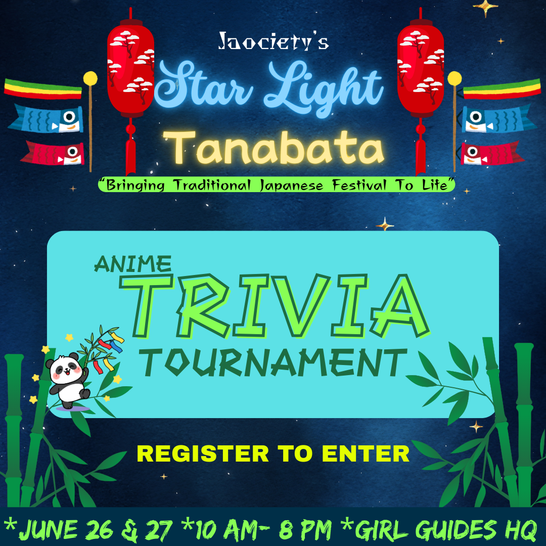 A promotional poster for a Japanese festival called Tanabata, featuring colorful lanterns, koinobori (carp streamers), pandas, and bamboo. The event includes a Star Light Tanabata celebration with an anime trivia tournament, scheduled for June 26 and 27 from 10 AM to 8 PM at the Girl Guides HQ.