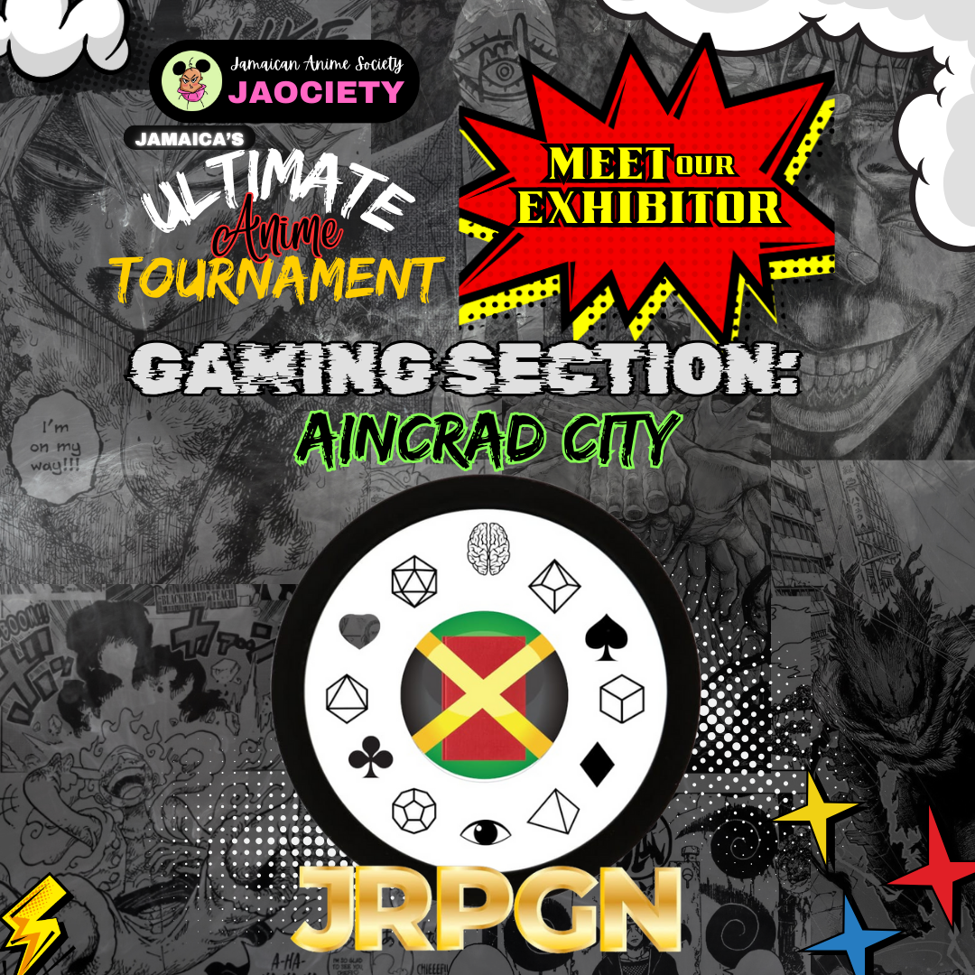 A promotional poster for Jamaica's Ultimate Anime Tournament showcases a gaming section called Aincrad City. The background features manga-style art, and the poster includes colorful comic-style text and graphics. A central circular graphic displays various game-related symbols, such as dice, a brain, a heart, a sword, and playing card suits, with a small flag of Zimbabwe inside the circle. The poster emphasizes meeting exhibitors and features vibrant colors and bold fonts.