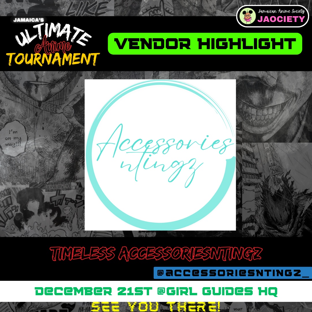 A promotional graphic for the Jamaica's Ultimate Anime Tournament Vendor Highlight, showcasing accessory items, with comic book style illustrations in the background and colorful text overlay.