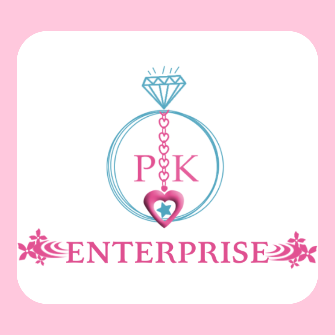 Logo for P and K Enterprise featuring a diamond, heart chain, and pink and blue color scheme.