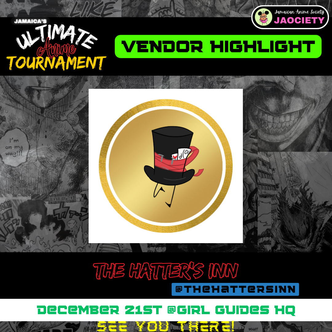 A promotional graphic for the Ultimate Anime Tournament vendor highlight, featuring a cartoon top hat with a red band and a small white card, set against a gold circular background.