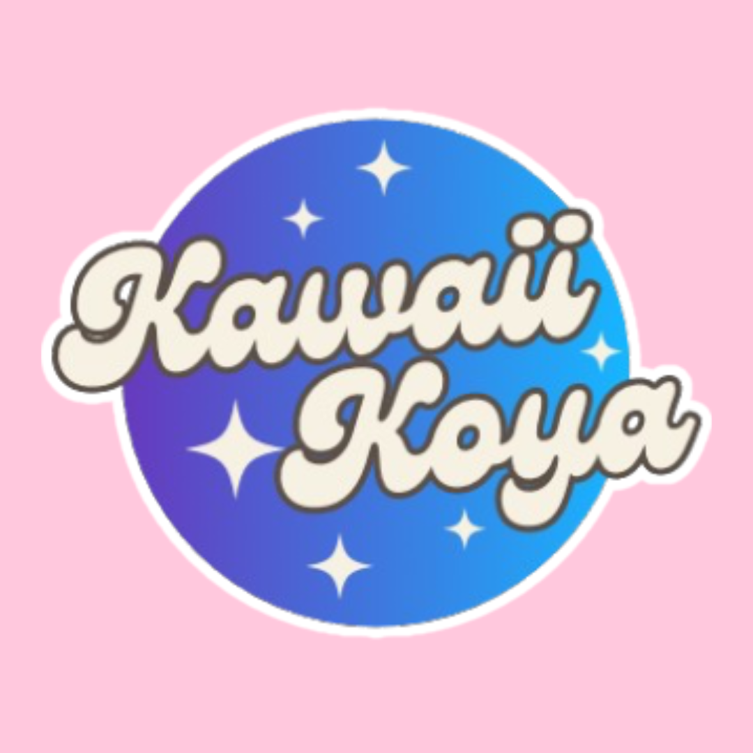 Pink background with a blue circle featuring white sparkles and the phrase 'Kawaii Kaya' written in bold, playful font.