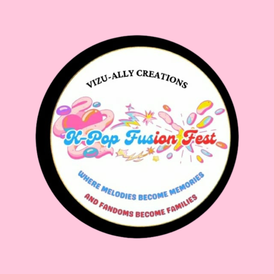 Logo for K-Pop Fusion Fest with colorful graphics, including clouds, stars, and comic-style explosion symbols, and text reading 'Vizu-Ally Creations, where melodies become memories and fandoms become families' on a pink background.
