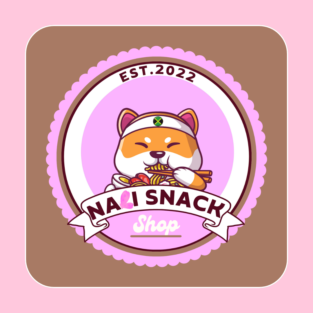Logo of Nai Snack Shop featuring a cartoon dog with a headband, eating ramen, with pink, brown, and white colors, established 2022.