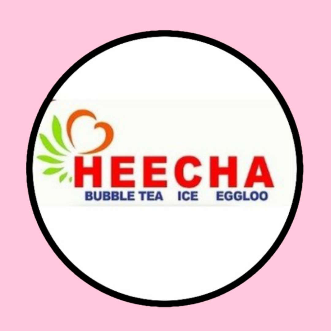 Logo for Heecha bubble tea, ice, and eggloo, featuring a stylized swirl design with green and orange elements, and bold red text on a white circular background with a pink border.