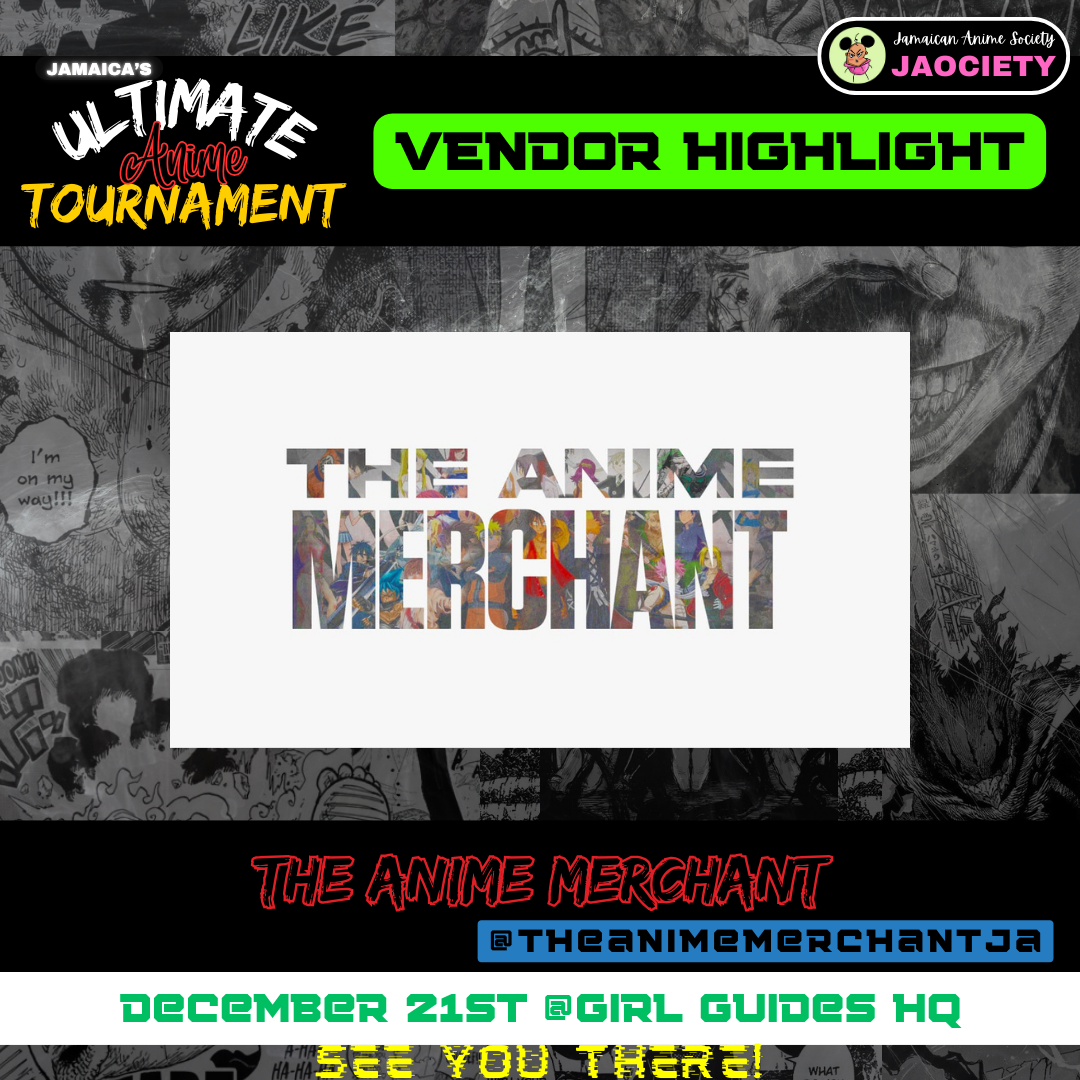 Digital graphic announcing the vendor highlight for the Ultimate Anime Tournament, organized by The Anime Merchant, scheduled for December 21st at Girl Guides HQ, with a background collage of manga and anime characters and scenes.