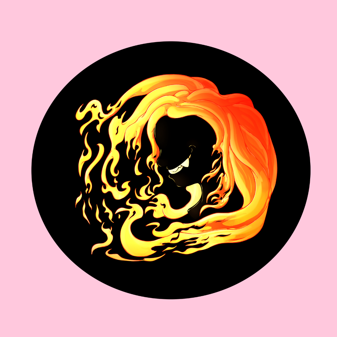 A stylized illustration of a fiery creature with a mischievous grin, surrounded by flames in shades of orange and yellow, set against a black circular background with a pink border.