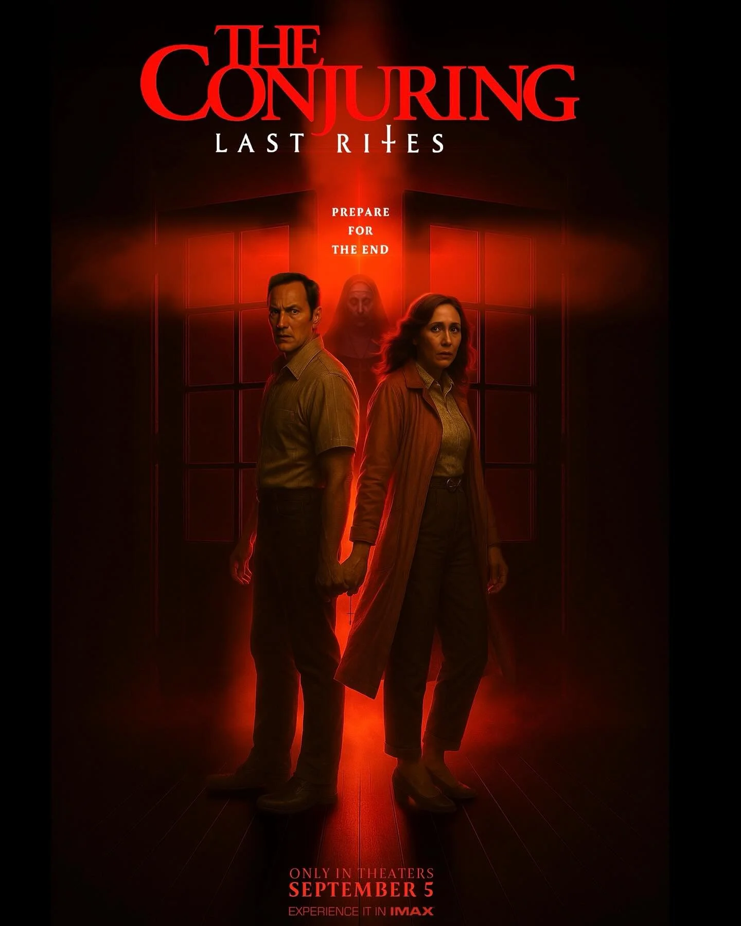 The poster this legendary horror franchise deserves vs. the one it got (which relied on poorly edited unit stills from the previous film). The idea: the nun lurking in the shadows behind our heroes, through an ominous doorway. The graphic of a red cr