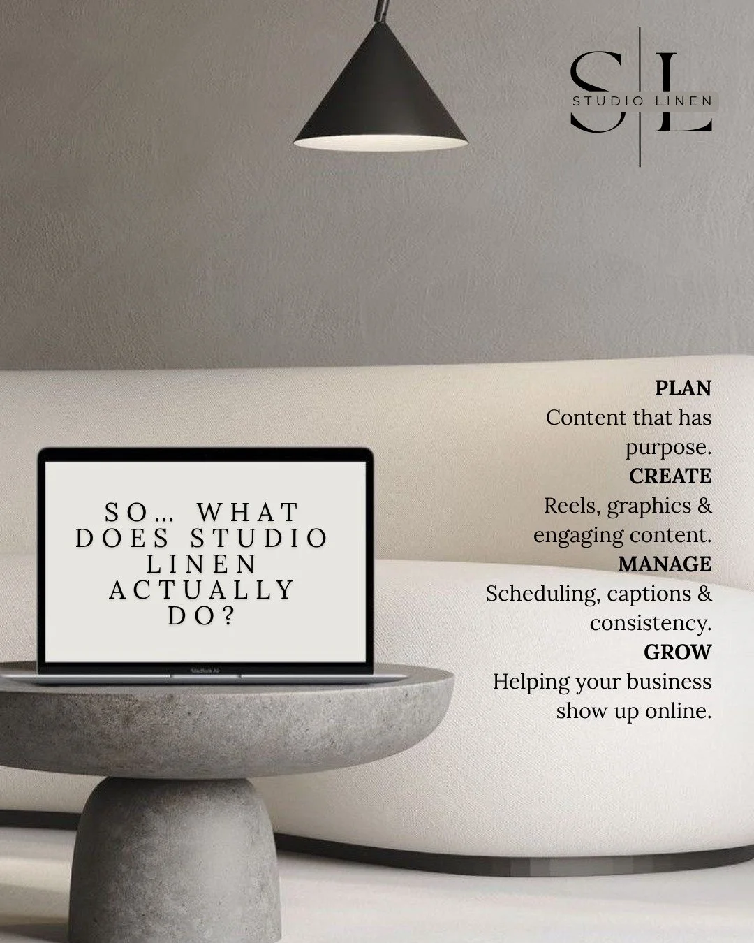 If social media is sitting at the bottom of your to-do list&hellip; I get it. 😅

You&rsquo;re busy running your business. The last thing you need is another job to add to the list.

Studio Linen takes the social media side of things off your hands -