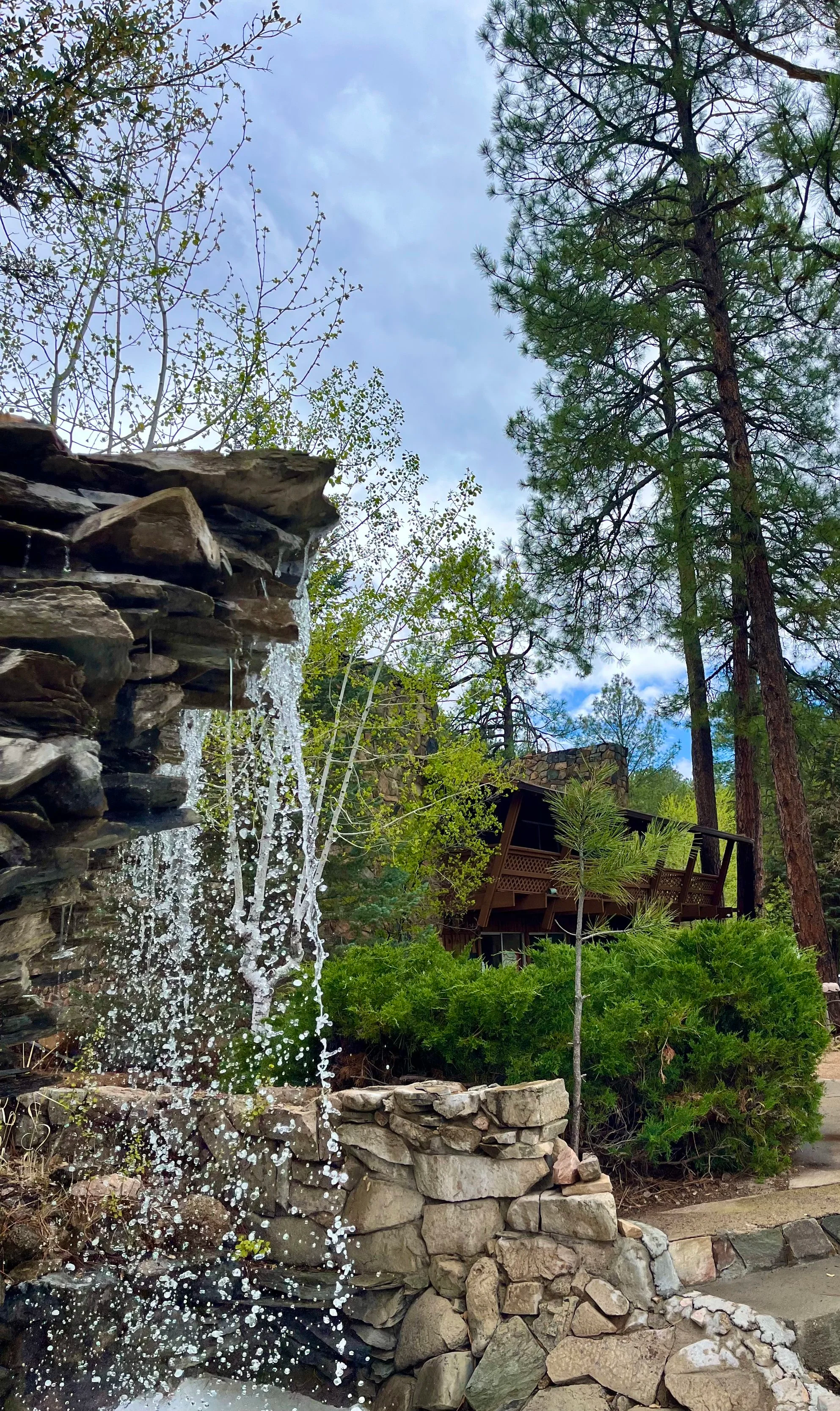 Prescott Pines Mobile Home Resort waterfall at entrance to the park