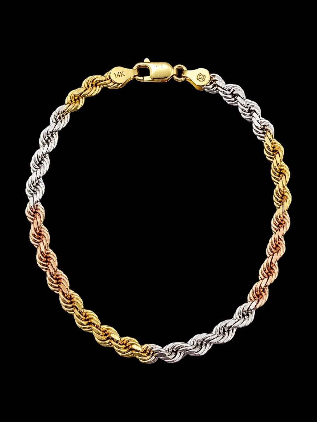 14K Tri-Color Gold, 4MM Solid Rope Bracelet