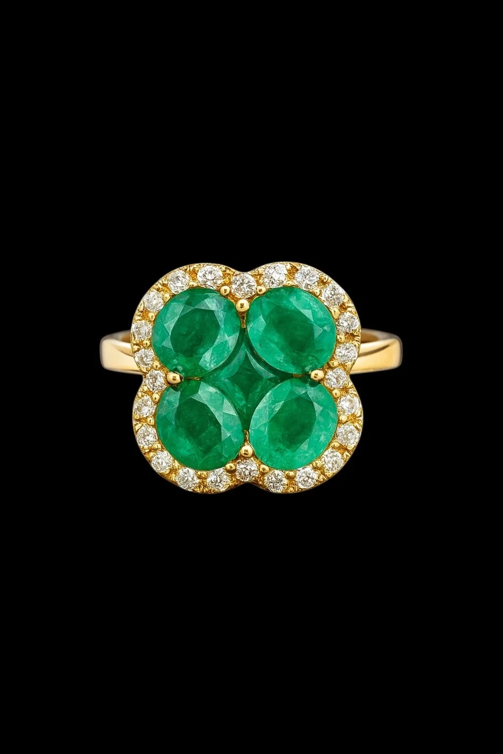 18K Gold, 1.60CTW Natural Emeralds, 0.25CTW Natural Diamond Clover Ring