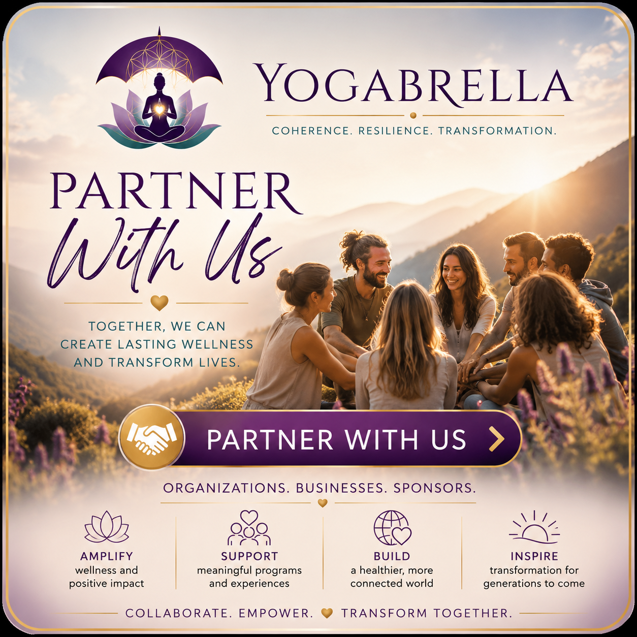 An outdoor scene at sunset with a group of people sitting in a circle on the grass, enjoying each other's company with mountains and trees in the background, promoting Wellness organization named Yogabrella.