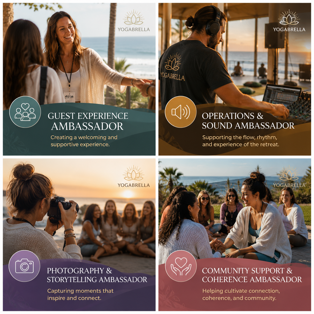 Four images showcasing a retreat event at the beach. The first image shows a woman speaking to a small group, labeled 'Guest Experience Ambassador.' The second depicts a man DJing with headphones, labeled 'Operations & Sound Ambassador.' The third features a woman taking photos of a seated group at sunset, labeled 'Photography & Storytelling Ambassador.' The fourth shows women holding hands and smiling in a circle, labeled 'Community Support & Coherence Ambassador.' The event branding 'Yogabrella' appears in the images.