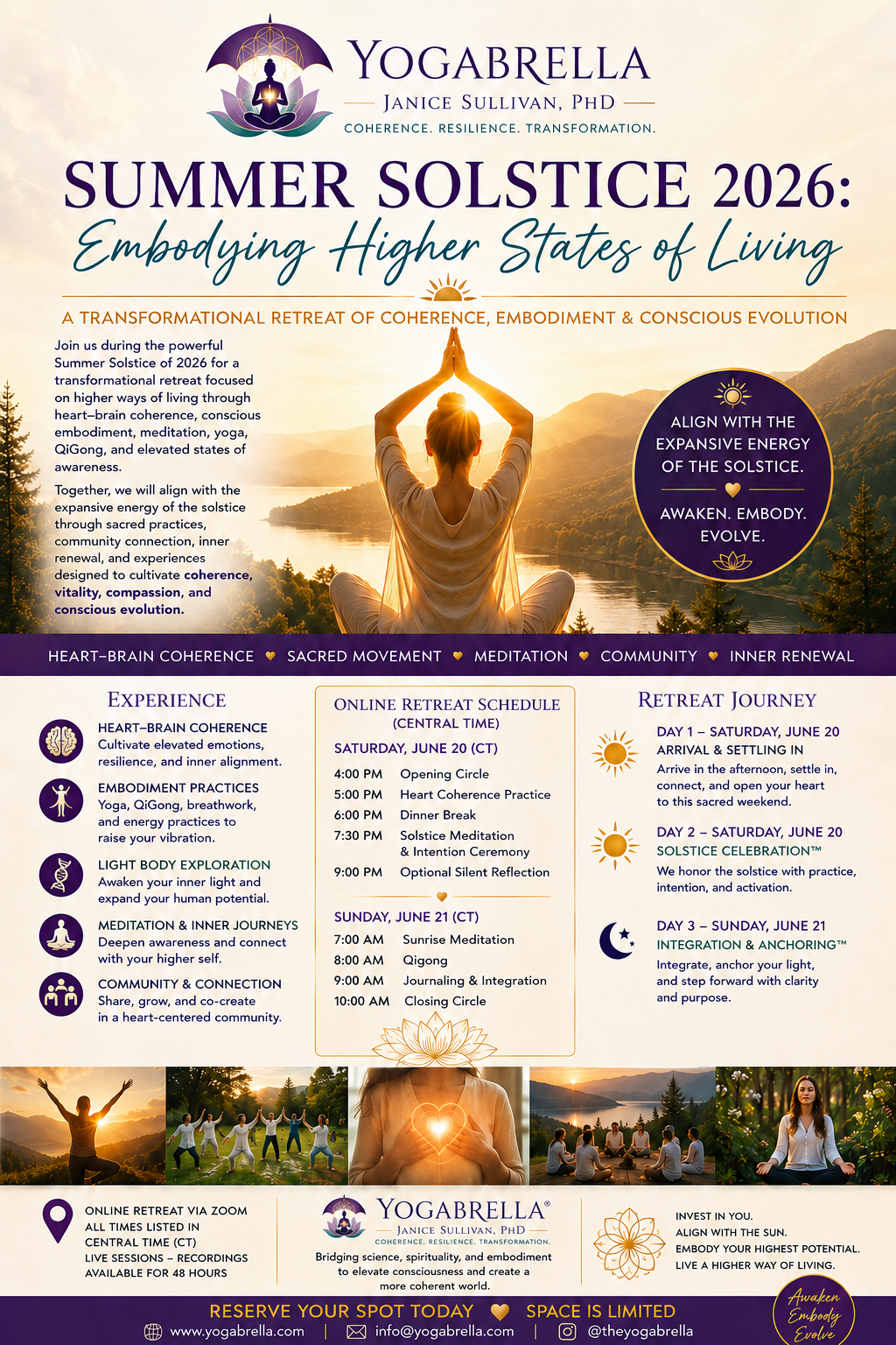 Poster for Yogabella Summer Solstice 2026 event featuring a person practicing yoga outdoors at sunrise or sunset, with mountains and lake in the background, and organizing details and schedule below.