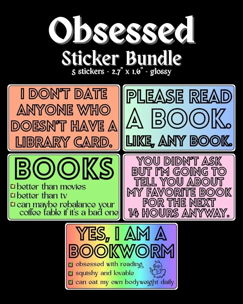 hard launching the whole set! there are 25 total stickers across 5 different bundles in my new line of book-focused stickers. Rosie and I are gearing up for some book cons and they're going to be available at RomantasyCon in LA as well as ApollyCon i